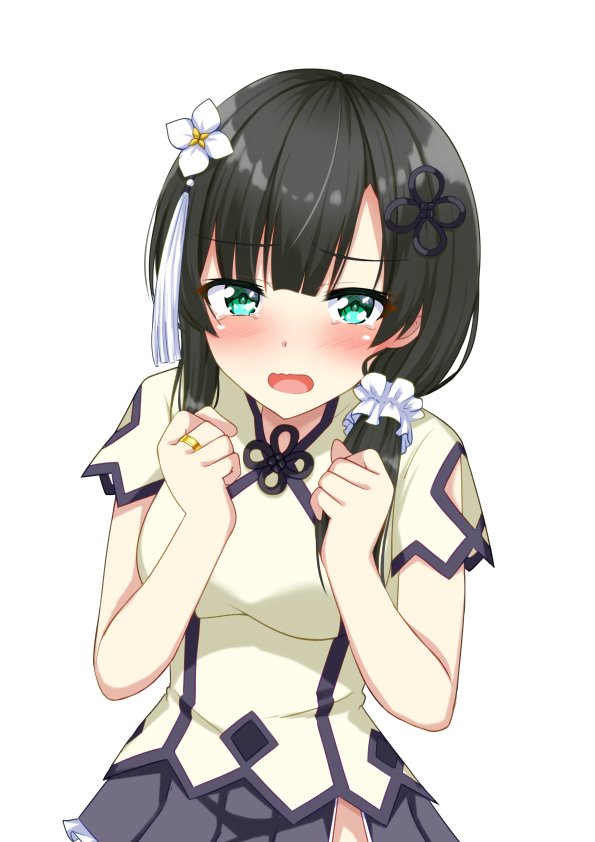 1girl aqua_eyes arm_cutout assault_lily bangs black_hair black_skirt blunt_bangs blush breasts clenched_hands clothing_cutout commentary_request flower frilled_skirt frills gungun_(hakutou7887) hair_flower hair_ornament hair_over_shoulder hair_scrunchie hands_up jewelry long_hair looking_at_viewer low_ponytail medium_breasts open_mouth pleated_skirt ring scrunchie shirt side_ponytail side_slit simple_background skirt solo standing tassel tassel_hair_ornament tearing_up upper_body wang_yujia wavy_mouth white_background white_footwear white_scrunchie white_shirt