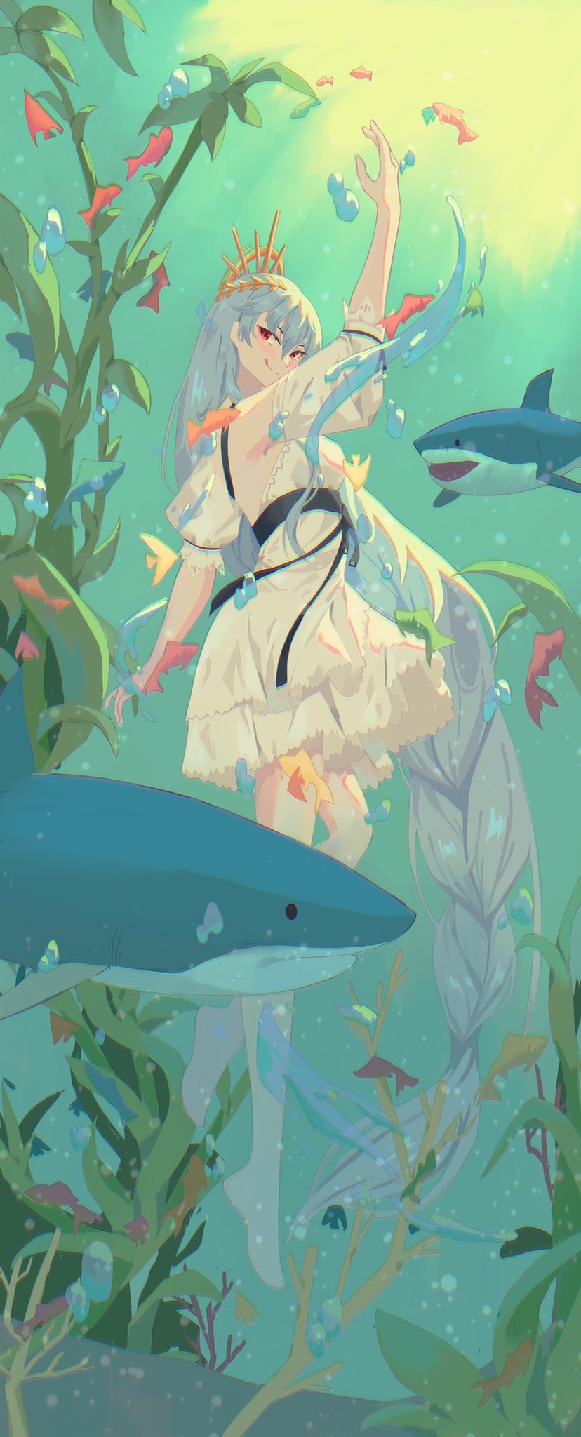 1girl :q alternate_costume arknights arm_up backless_dress backless_outfit bangs bare_shoulders blush braid bubble commentary dress fish grey_hair highres laurel_crown long_hair looking_back madokapaisen red_eyes seaweed shark short_sleeves smile specter_(arknights) tongue tongue_out underwater very_long_hair white_dress