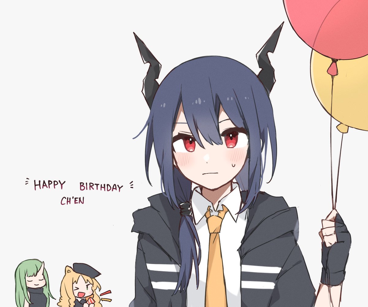 &gt;_o 3girls :d animal_ears arknights balloon beret black_gloves black_headwear black_jacket blue_hair blush ch'en_(arknights) closed_eyes collared_shirt dragon_horns fingerless_gloves gloves green_hair hair_between_eyes hand_up hat holding holding_balloon horns hoshiguma_(arknights) jacket long_hair looking_at_viewer low_twintails multiple_girls nano_mochi necktie one_eye_closed oni_horns open_clothes open_jacket open_mouth orange_hair party_popper red_eyes shirt simple_background single_horn skin-covered_horns smile solo_focus straight-on sweatdrop swire_(arknights) tiger_ears tiger_girl twintails u_u upper_body white_background white_shirt yellow_necktie