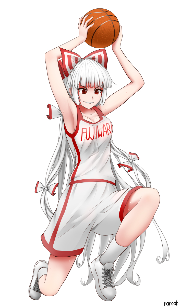 1girl ball basketball basketball_uniform bow fujiwara_no_mokou full_body gym_shorts hair_bow highres holding holding_ball long_hair pan-ooh playing_sports redhead shirt shorts solo sportswear touhou very_long_hair white_footwear white_hair white_shirt white_shorts