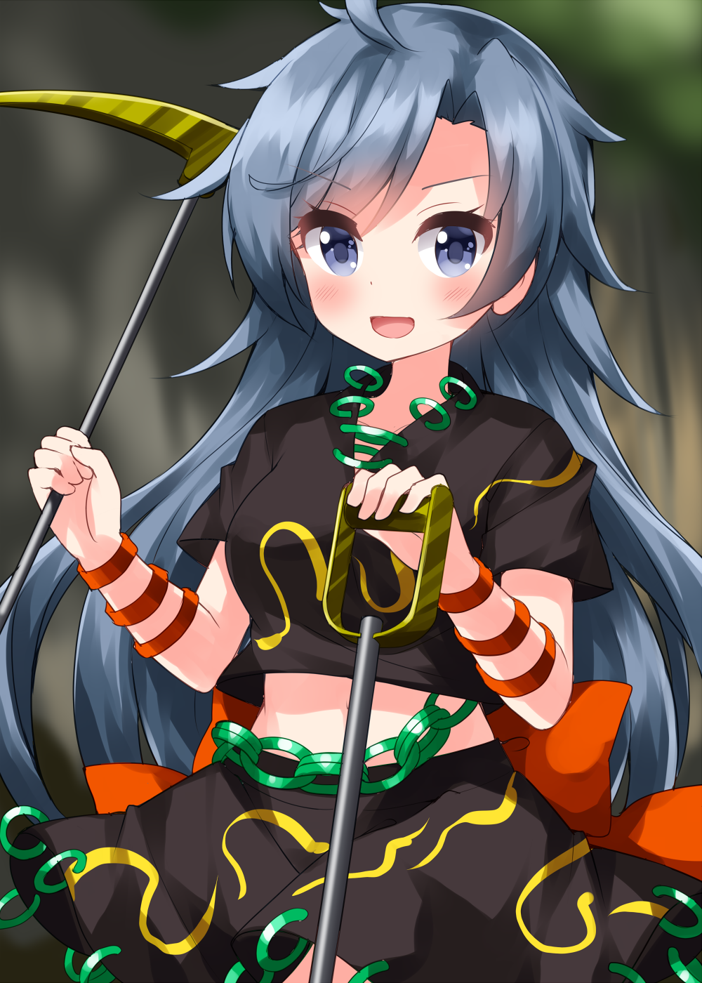arm_ribbon back_bow black_skirt blue_eyes blue_hair blush bow chain_belt collared_shirt highres himemushi_momoyo holding holding_pickaxe holding_shovel jewelry long_hair looking_at_viewer midriff multiple_rings navel one-hour_drawing_challenge open_mouth orange_ribbon pickaxe ribbon ring ruu_(tksymkw) shirt short_sleeves shovel skirt solo stomach touhou upper_body very_long_hair waist_bow