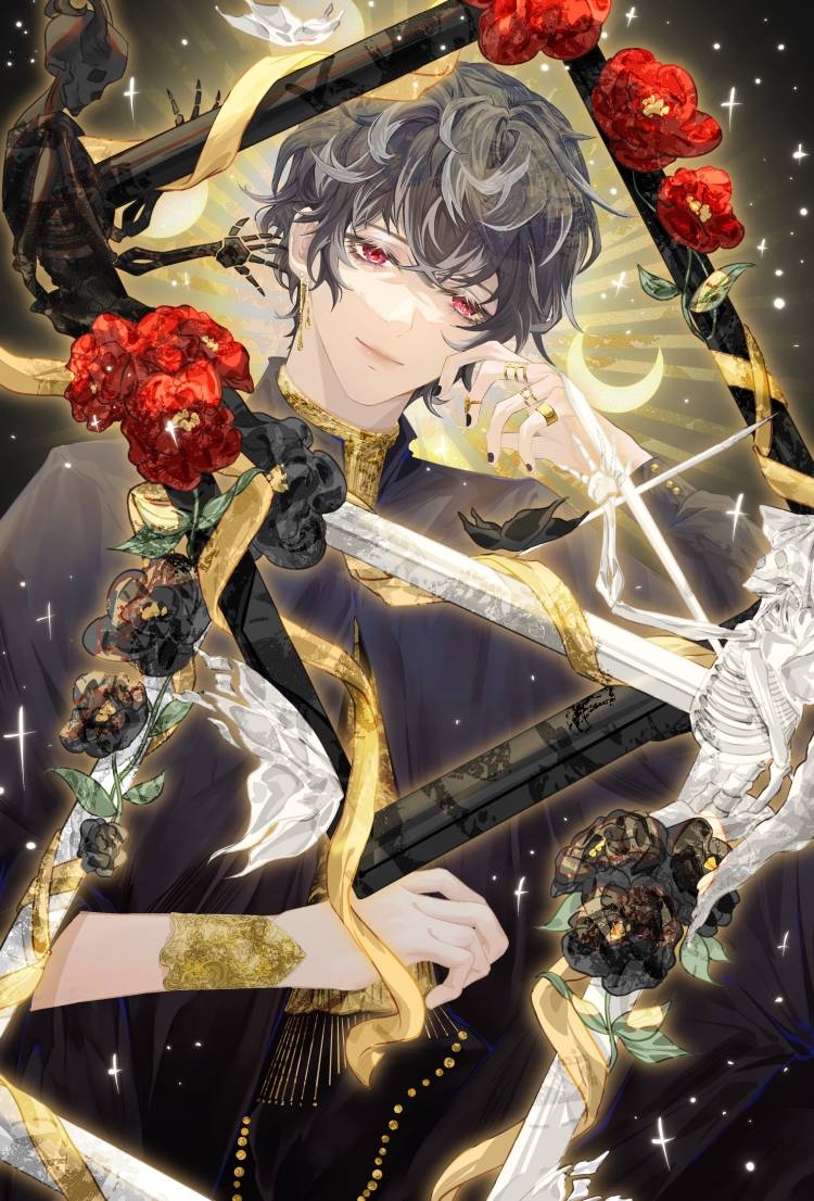 1boy bishounen black_flower black_hair bone bug butterfly diffraction_spikes earrame flower framed head_tilt idolish_7 jewelry looking_at_viewer male_focus momo_(idolish_7) multicolored_hair red_eyes red_flower ring smile solo sparkle two-tone_hair white_butterfly yaoqingxiao