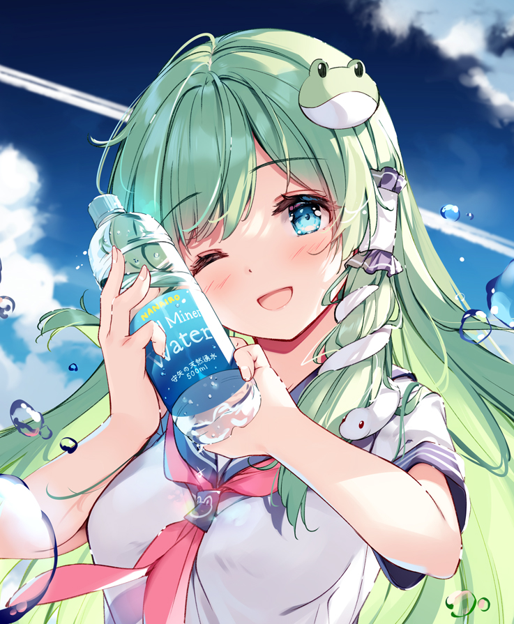 1girl :d bangs blue_eyes blue_sailor_collar blue_sky bottle clouds commentary_request day frog_hair_ornament green_hair hair_ornament hair_tubes holding holding_bottle kochiya_sanae long_hair miyase_mahiro morning one_eye_closed open_mouth outdoors sailor_collar school_uniform serafuku shirt sky smile snake_hair_ornament solo summer touhou water_bottle water_drop white_shirt