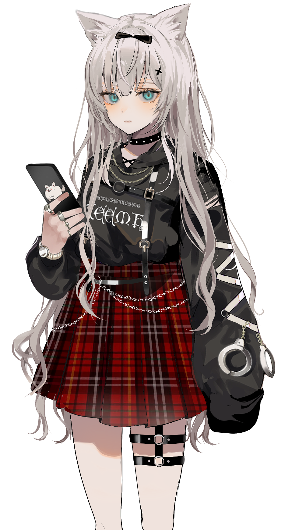 1girl animal_ear_fluff animal_ears black_bow black_choker blue_eyes blush bow cellphone chiemo_(xcem) choker closed_mouth clothes_writing cuffs feet_out_of_frame grey_hair hair_bow handcuffs highres holding holding_phone jewelry long_hair long_sleeves multiple_rings original phone plaid plaid_skirt pleated_skirt red_skirt ring simple_background skirt sleeves_past_fingers sleeves_past_wrists smartphone smile solo standing thigh_strap watch watch white_background