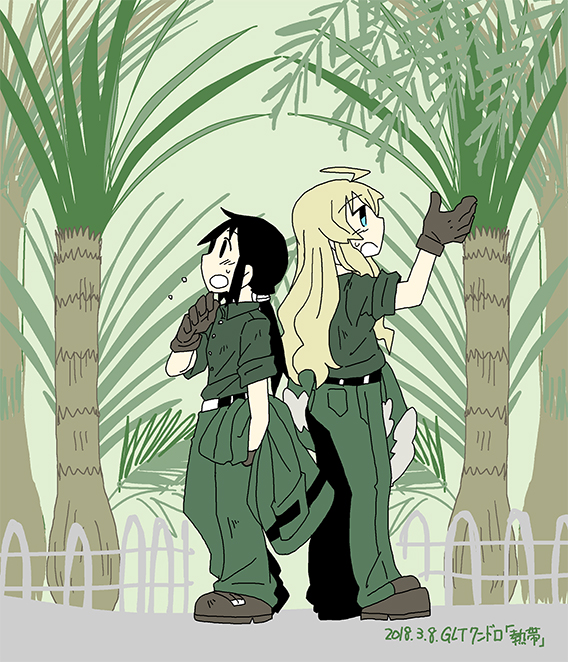 2girls ahoge back-to-back belt black_eyes black_hair blonde_hair blue_eyes brown_footwear brown_gloves chito_(shoujo_shuumatsu_ryokou) coat dated fur-trimmed_coat fur_trim gloves green_coat green_pants green_shirt jungle kokorori-p long_hair low_twintails messy_hair military military_uniform multiple_girls nature open_mouth palm_tree pants plant shirt shoujo_shuumatsu_ryokou tareme tree tropical twintails uniform yuuri_(shoujo_shuumatsu_ryokou)