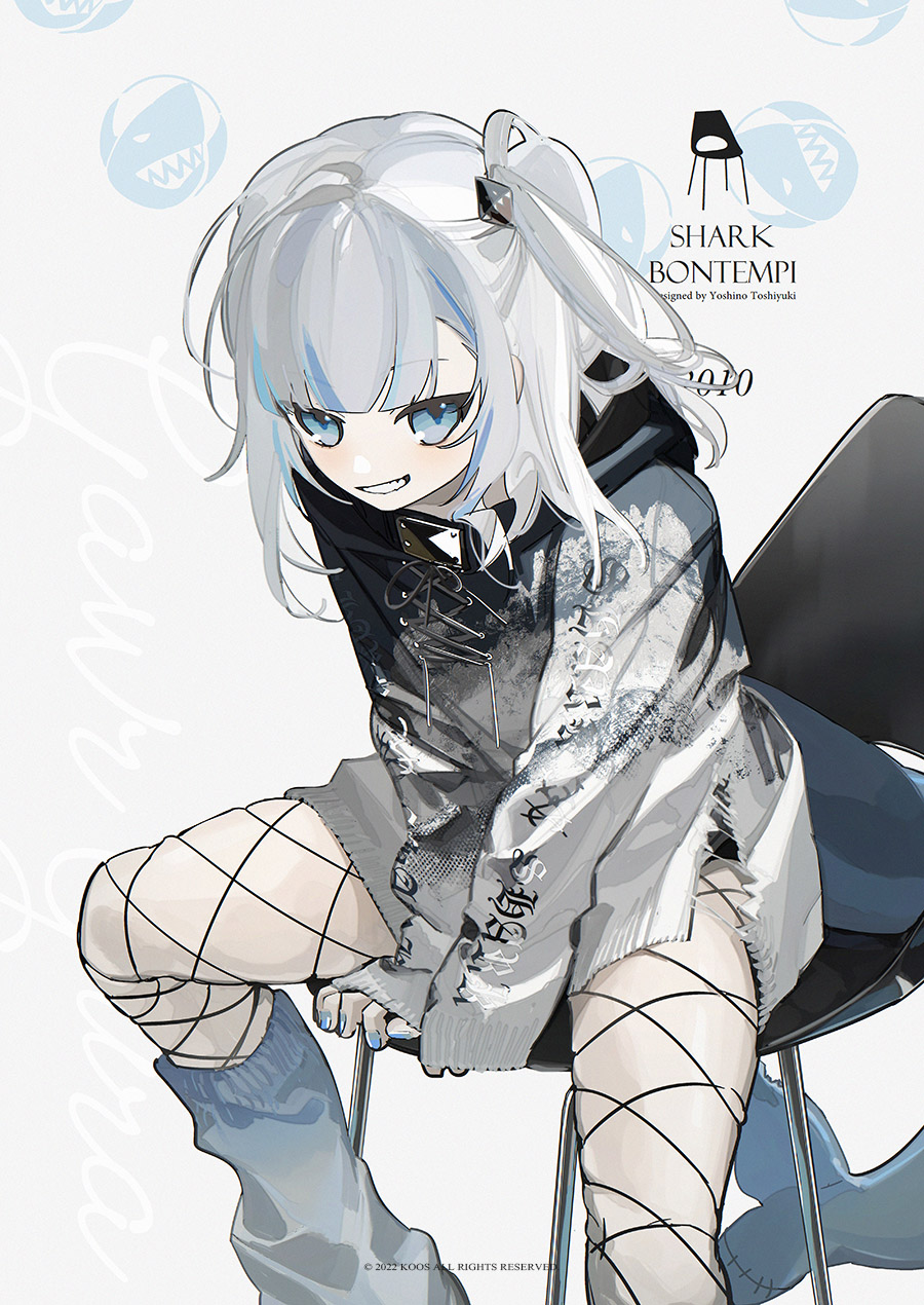 1girl alternate_costume black_hoodie blue_eyes blush commentary fish_tail fishnets gawr_gura highres hololive hololive_english hood hoodie k00s looking_at_viewer shark_tail side_ponytail sitting skindentation sleeves_past_wrists smile solo tail tube_socks virtual_youtuber