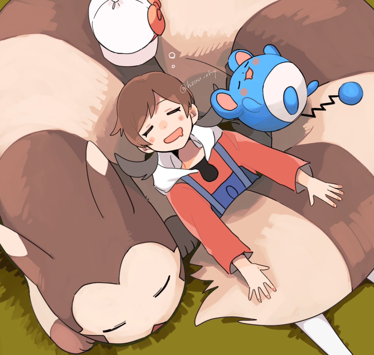 1girl bangs blush_stickers brown_hair bubble cabbie_hat closed_eyes commentary_request drooling from_above furret grass hat hat_removed headwear_removed highres long_hair lying lyra_(pokemon) marill momotose_(hzuu_xh4) mouth_drool on_back open_mouth overalls pokemon pokemon_(creature) pokemon_(game) pokemon_hgss shirt sleeping smile thigh-highs twintails twitter_username white_headwear white_thighhighs