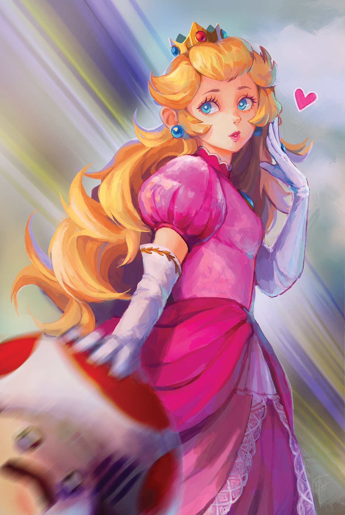 1girl 1other bangs blonde_hair blue_eyes breasts cassandra_(avocasso) crown dress earrings elbow_gloves gloves hand_on_another's_head heart highres jewelry long_dress long_hair looking_back medium_breasts mini_crown mushroom parted_lips pink_dress princess_peach puffy_short_sleeves puffy_sleeves short_sleeves super_smash_bros. upper_body wavy_hair white_gloves