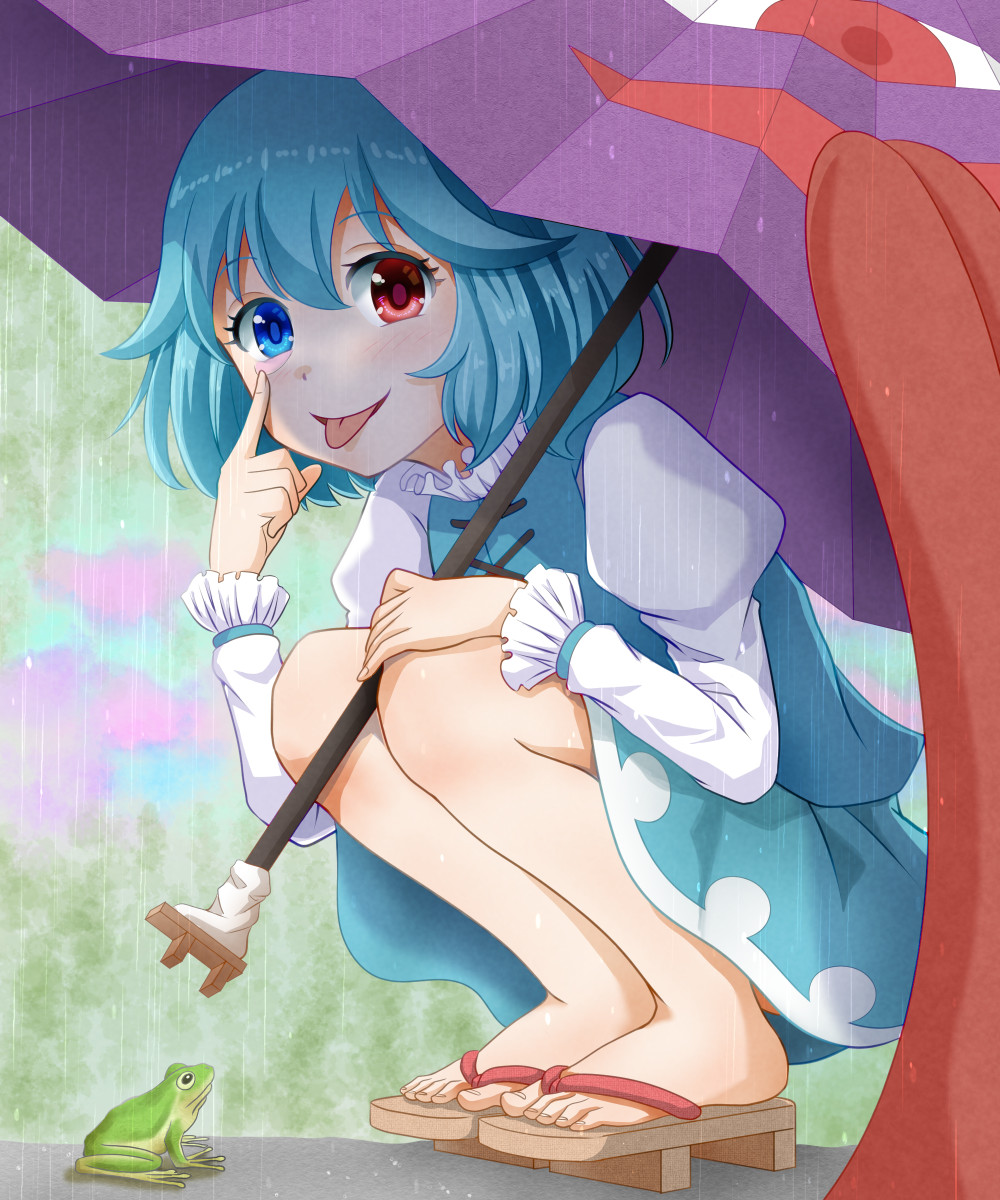 1girl bangs blue_eyes blue_hair blue_skirt blue_vest commentary_request frilled_sleeves frills frog geta heterochromia highres holding holding_umbrella juliet_sleeves kisaragi_koushi long_sleeves no_socks puffy_sleeves purple_umbrella rain red_eyes shirt short_hair skirt solo squatting tatara_kogasa toenails toes tongue tongue_out touhou umbrella vest white_shirt