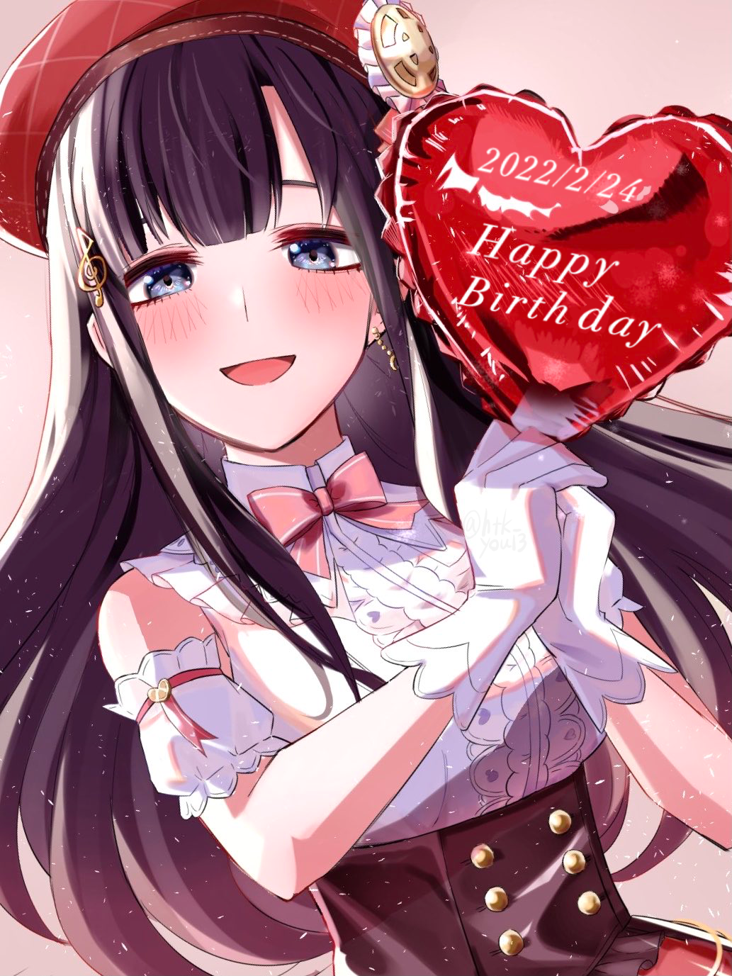 1girl :d balloon bangs black_hair blue_eyes blush bow bowtie breasts dated earrings gloves hair_ornament happy_birthday hat heart_balloon highres htk_you13 jewelry long_hair looking_at_viewer medium_breasts musical_note musical_note_hair_ornament nijisanji own_hands_together pink_bow pink_bowtie red_headwear simple_background smile suzuka_utako upper_body virtual_youtuber white_gloves