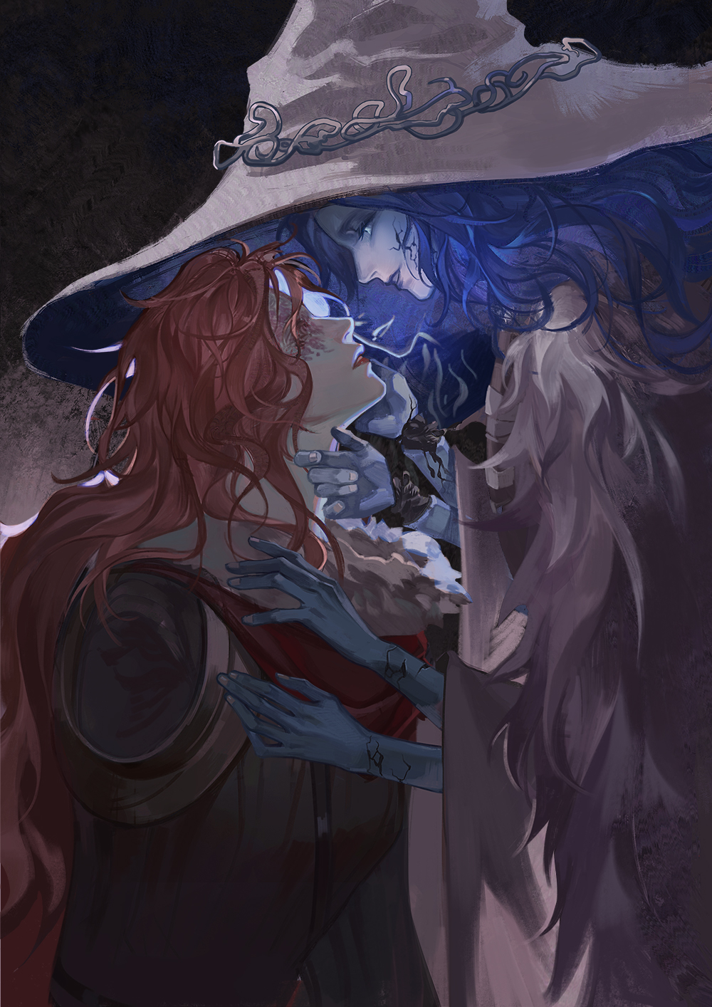 2girls agong amputee blind blue_eyes blue_hair duplicate hat highres incest lipstick makeup malenia_blade_of_miquella multiple_girls pixel-perfect_duplicate ranni_the_witch redhead witch_hat yuri