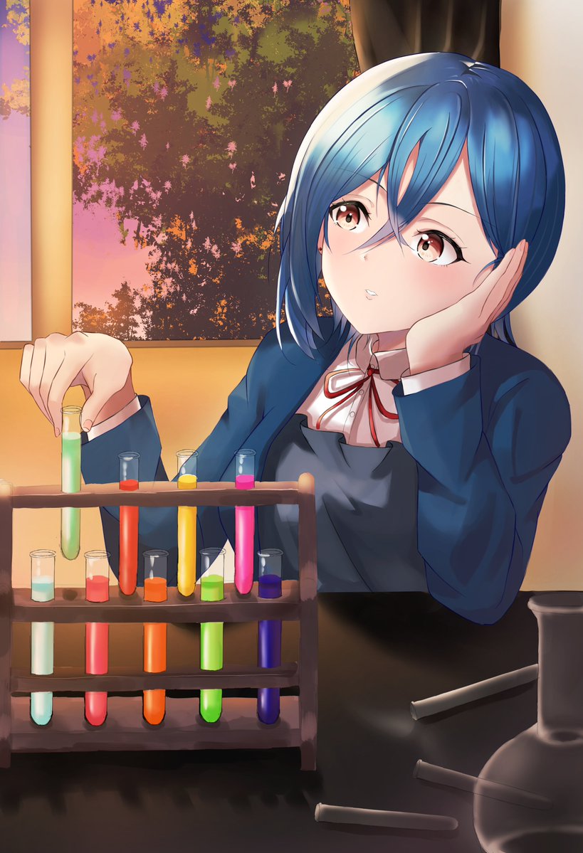 1girl bangs blue_hair blue_jacket collared_shirt commentary crossed_bangs flask head_rest indoors jacket looking_at_object love_live! love_live!_superstar!! momouninego orange_eyes parted_lips picking_up round-bottom_flask school_uniform shirt shrug_(clothing) solo string_tie sunset teeth test_tube test_tube_rack wakana_shiki white_shirt window winter_uniform yuigaoka_school_uniform