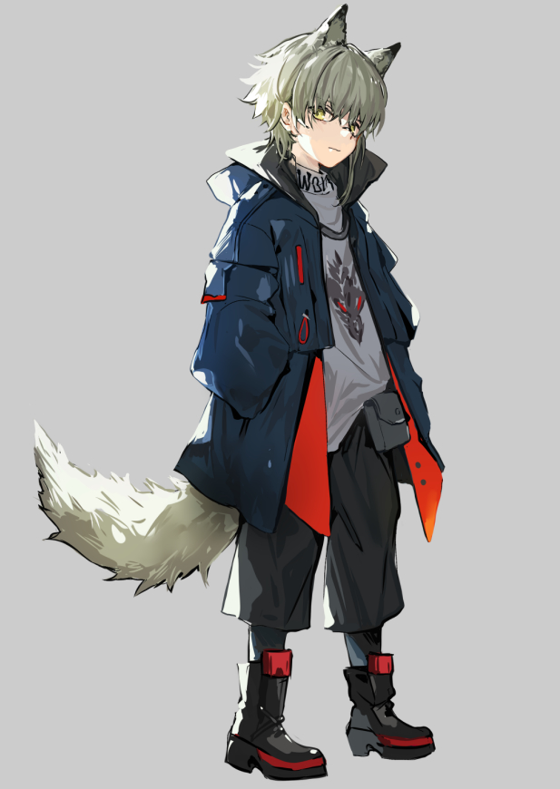 1boy animal_ears aosta_(arknights) arknights bangs black_footwear black_shorts blue_coat boots closed_mouth coat green_eyes grey_background hair_between_eyes hands_in_pockets long_sleeves looking_at_viewer male_focus pouch shirt shorts simple_background solo standing tail wolf_boy wolf_ears wolf_tail wumumu