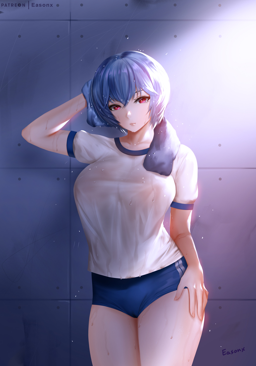 1girl arm_up ayanami_rei bangs blue_hair breasts buruma closed_mouth collarbone curvy easonx gym_shirt hair_between_eyes hand_on_hip highres large_breasts light_particles lips looking_at_viewer neon_genesis_evangelion patreon_username red_eyes shirt short_hair short_sleeves sidelighting signature sportswear sweat sweaty_clothes thighs towel towel_around_neck wall wet wet_clothes wet_hair wiping_sweat