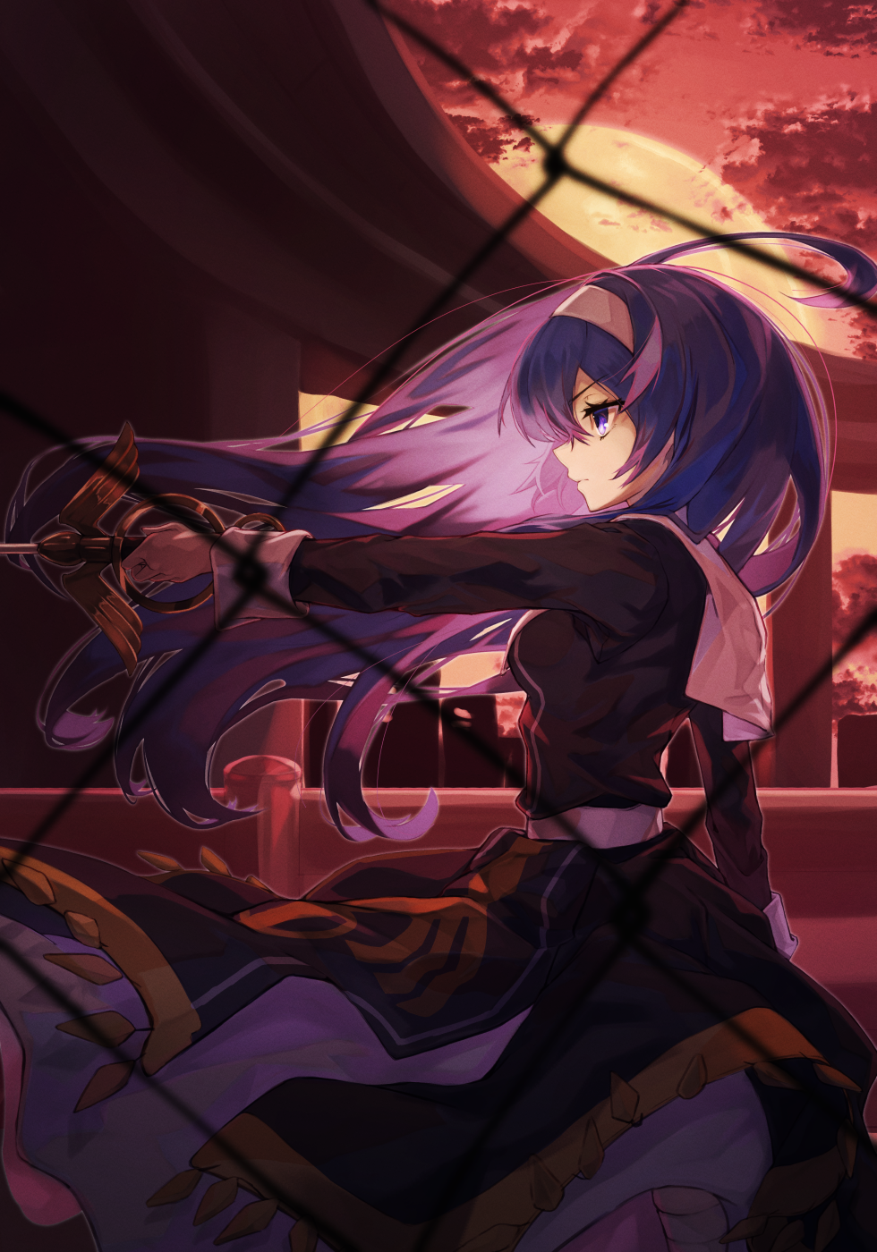 1girl ahoge black_background black_dress blue_eyes blue_hair breasts dress floating_hair from_side hair_between_eyes hairband hand_on_own_chest highres holding holding_weapon large_breasts long_dress long_hair long_sleeves looking_to_the_side online_neet orie_(under_night_in-birth) parted_lips print_dress rapier solo sword under_night_in-birth upper_body weapon white_hairband