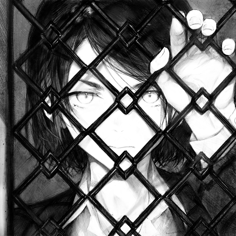 1girl androgynous bangs bob_cut chain-link_fence closed_mouth collared_shirt fence from_outside frown greyscale hand_up jacket long_sleeves looking_at_viewer monochrome original portrait sakurana_haru shirt short_hair solo swept_bangs