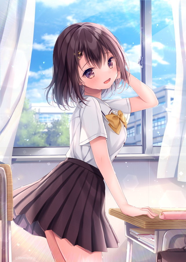 1girl :d arm_behind_head bangs black_hair black_skirt blue_sky bow breasts chair clouds collared_shirt commentary_request curtains day desk hair_between_eyes hair_ornament hairclip hand_up indoors looking_at_viewer looking_to_the_side nemuri_nemu original pencil_case pleated_skirt school_briefcase school_chair school_desk school_uniform shirt short_sleeves skirt sky small_breasts smile solo violet_eyes white_shirt window yellow_bow