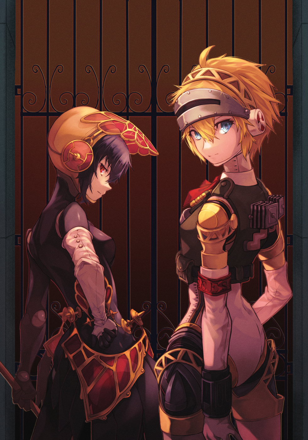 2girls aegis_(persona) android blonde_hair blue_eyes blue_hair door highres looking_at_viewer looking_back metis_(persona) multiple_girls online_neet parted_lips persona persona_3 red_eyes robot short_hair siblings sisters weapon