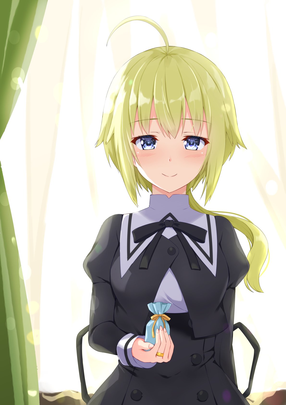 1girl ahoge amano_soraha assault_lily bangs black_ribbon black_skirt blonde_hair blue_eyes blush breasts buttons closed_mouth commentary_request cropped_jacket curtains day fingernails gift gift_bag gungun_(hakutou7887) hand_up high-waist_skirt highres holding holding_gift indoors jewelry juliet_sleeves long_hair long_sleeves looking_at_viewer low_ponytail medium_breasts neck_ribbon ponytail puffy_sleeves ribbon ring school_uniform shiny shiny_hair shirt skirt smile solo upper_body white_shirt yurigaoka_girls_academy_school_uniform