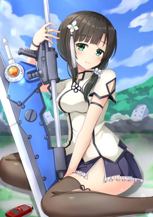 1girl arm_cutout arm_strap arm_up assault_lily bangs between_legs black_choker black_hair black_skirt blue_sky blunt_bangs blush breasts brown_thighhighs building cellphone choker closed_mouth clothing_cutout commentary_request day flower foot_out_of_frame frilled_skirt frills green_eyes gungun_(hakutou7887) hair_flower hair_ornament hair_over_shoulder hair_scrunchie hand_between_legs holding holding_weapon jewelry light_smile long_hair looking_at_viewer low_ponytail medium_breasts miniskirt on_ground outdoors phone ring ruins scrunchie shirt side_ponytail side_slit sitting skirt sky solo tassel tassel_hair_ornament thigh-highs wang_yujia wariza weapon white_flower white_scrunchie white_shirt wristband