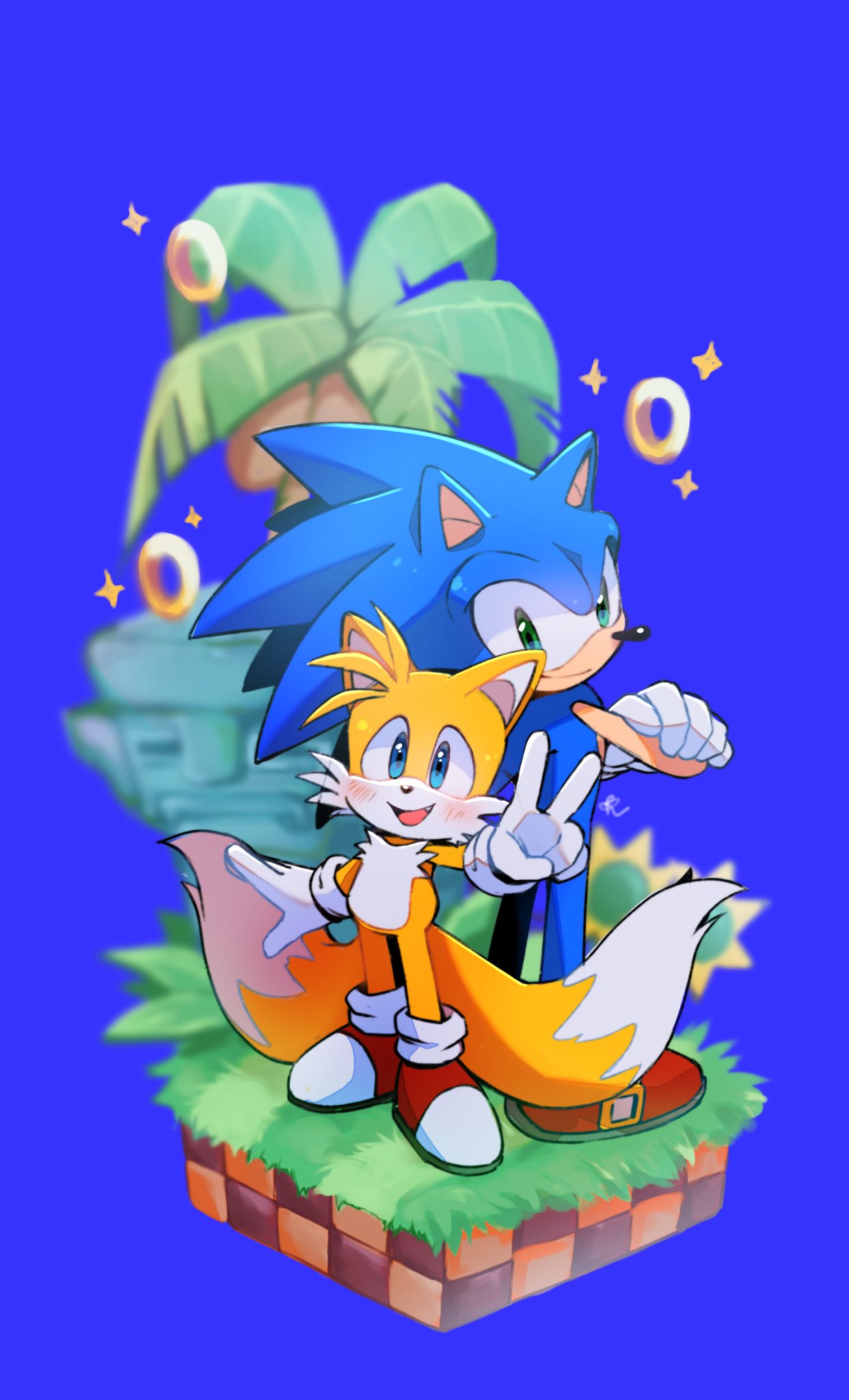 2boys animal_nose blue_background blue_eyes blush crossed_arms furry furry_male gloves grass green_eyes green_hill_zone highres jewelry looking_at_viewer male_focus misuta710 multiple_boys open_mouth palm_tree red_footwear ring shoes smile sonic_(series) sonic_the_hedgehog standing tails_(sonic) tree v white_gloves