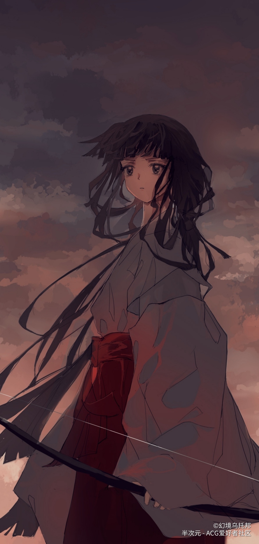 1girl artist_name artist_request bangs black_eyes black_hair blunt_bangs bow_(weapon) chihaya_(clothing) closed_mouth clouds cloudy_sky expressionless hair_ribbon hakama highres holding holding_bow_(weapon) holding_weapon inuyasha japanese_clothes kikyou_(inuyasha) long_hair long_sleeves miko red_hakama ribbon shinto sky twilight very_long_hair weapon white_ribbon wide_sleeves wind