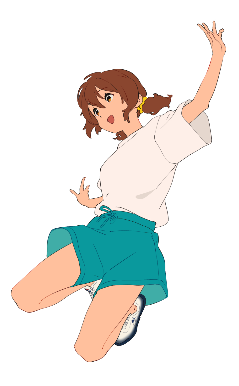 1girl :d bangs blush brown_eyes brown_hair green_shorts hibike!_euphonium highres kamo_kamen kneeling leaning_to_the_side open_mouth oumae_kumiko outstretched_arms scrunchie shirt shoes short_hair short_sleeves shorts simple_background smile sneakers solo t-shirt twintails white_background white_footwear white_shirt