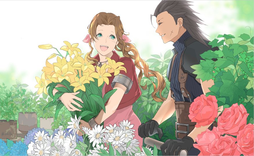 1boy 1girl aerith_gainsborough armor black_hair bracelet braid braided_ponytail brown_hair dress earrings final_fantasy final_fantasy_vii flower garden gloves green_eyes happy holding holding_flower jacket jewelry long_hair looking_at_another open_mouth pink_dress pink_ribbon plant red_jacket ribbon scar scar_on_cheek scar_on_face shillo shoulder_armor sleeveless sleeveless_turtleneck spiky_hair sweater turtleneck turtleneck_sweater zack_fair