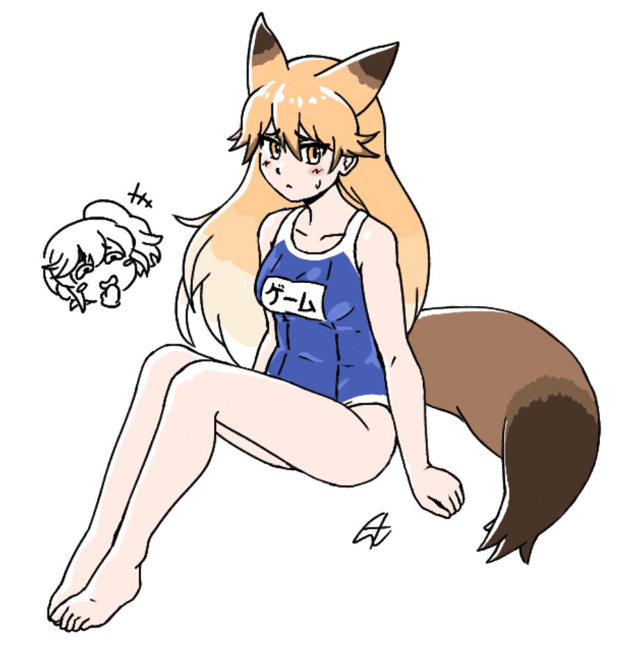 2girls acesrulez alternate_costume animal_ears bare_legs bare_shoulders barefoot blue_swimsuit blush collarbone ezo_red_fox_(kemono_friends) fox_ears fox_girl fox_tail kemono_friends long_hair multiple_girls name_tag nana_(kemono_friends) one-piece_swimsuit orange_eyes orange_hair school_uniform short_hair side_ponytail sitting sleeveless sweat swimsuit tail white_hair