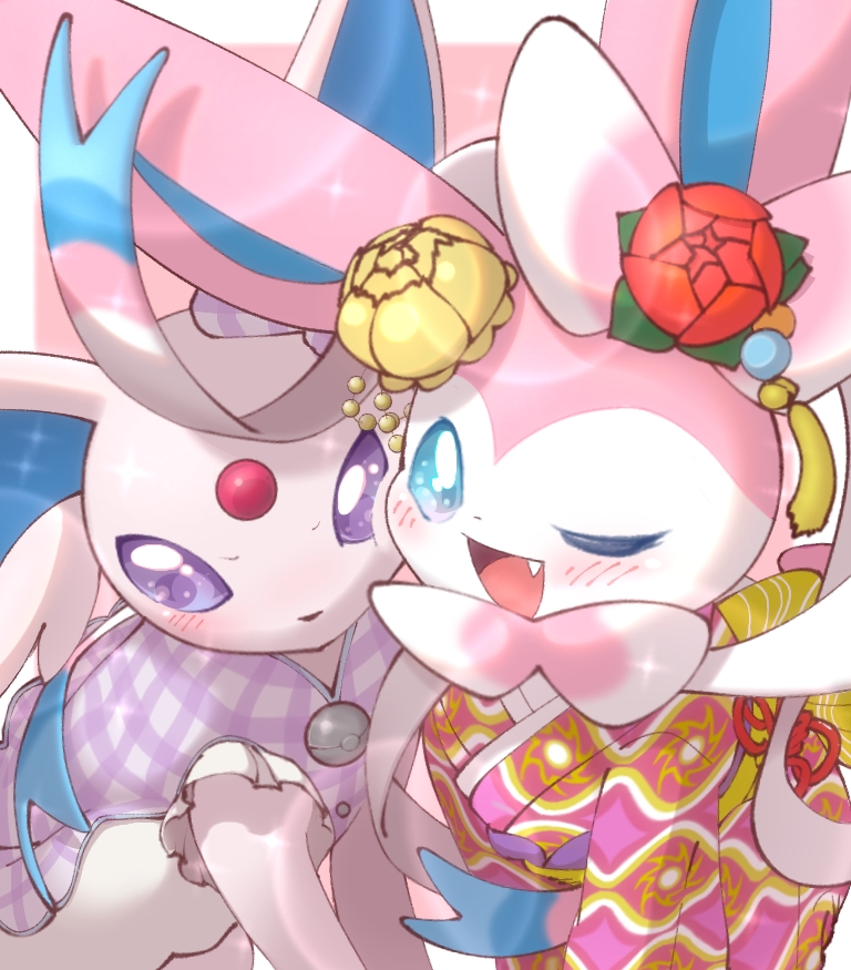 ;d blush buttons clothed_pokemon commentary_request espeon fang flower no_humans one_eye_closed open_mouth pokemon pokemon_(creature) pokemon_(game) pokemon_unite red_flower smile sylveon tongue violet_eyes yuui_art