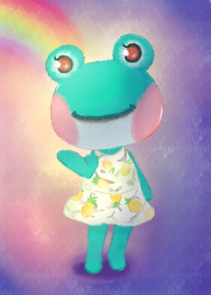 1girl animal_crossing artist_request bare_arms bare_back bare_shoulders blush closed_mouth dress flower frog full_body lily_(animal_crossing) looking_at_viewer non-web_source orange_eyes personification pineapple_print purple_background rainbow sleeveless sleeveless_dress smile solo standing