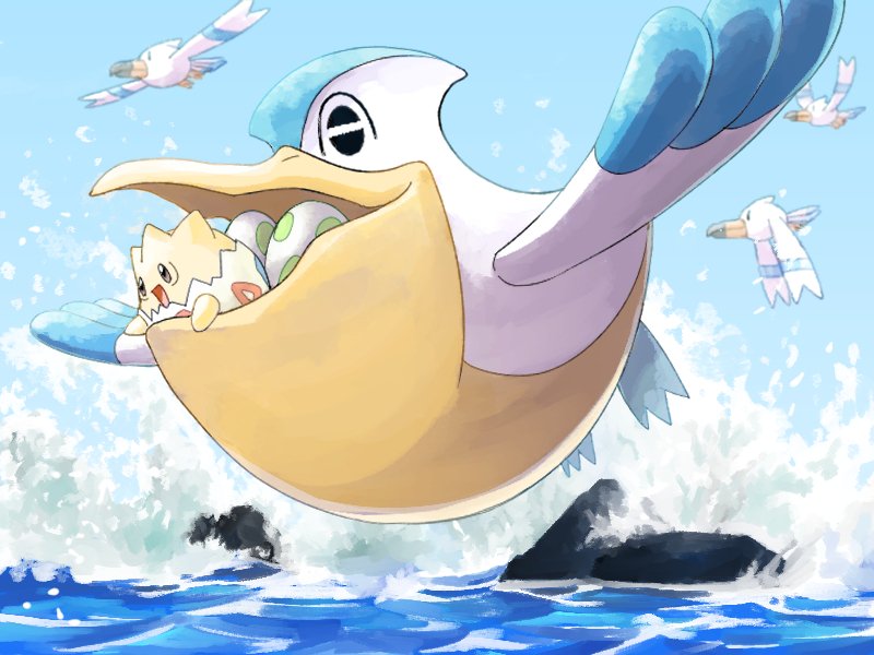 :d bird commentary_request egg flying from_side mouth_hold mukiguri no_humans open_mouth pelipper pokemon pokemon_(creature) pokemon_egg rock smile togepi water wingull