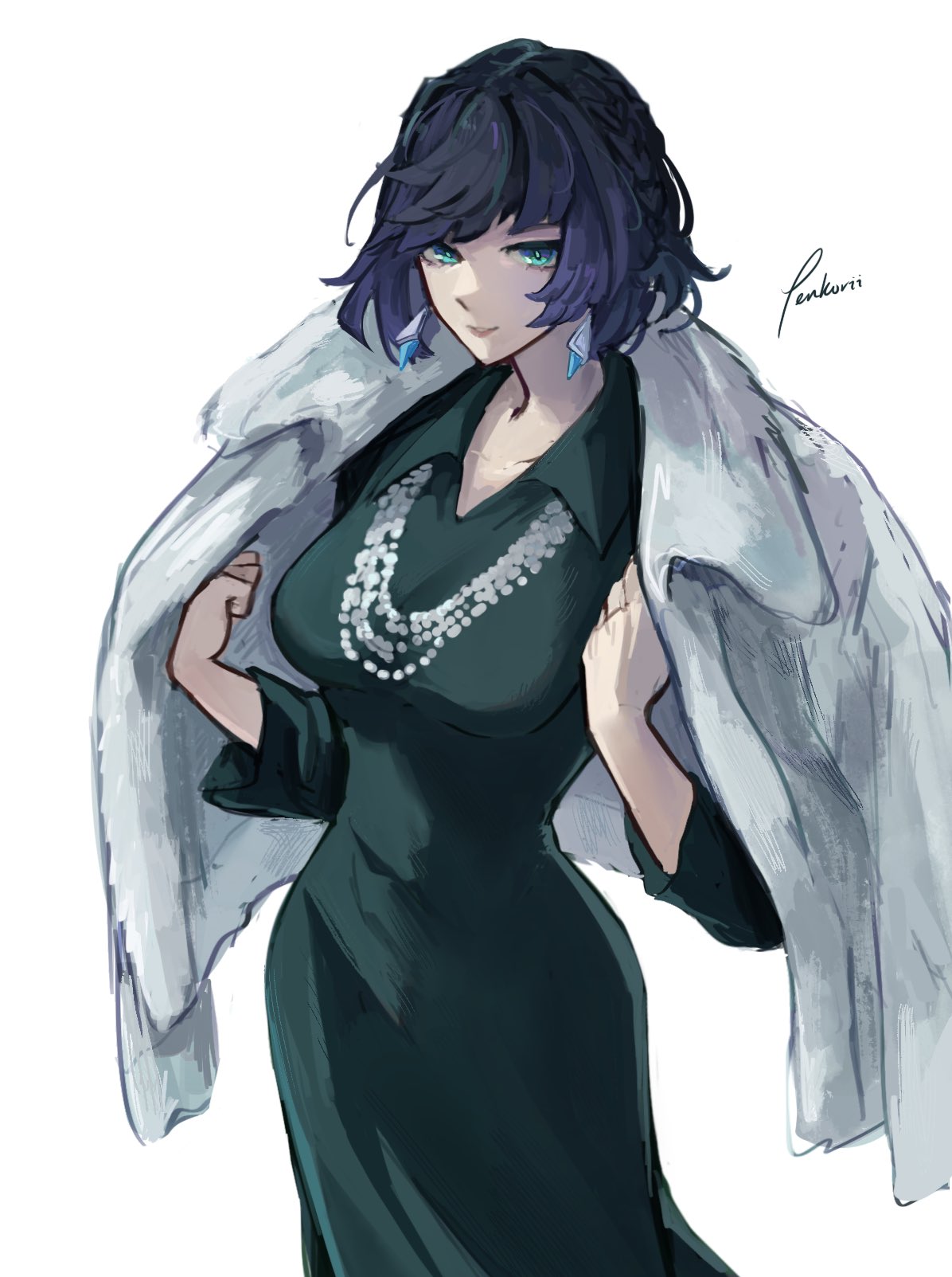 1girl blue_hair bob_cut breasts commentary cosplay dress earrings english_commentary fubuki_(one-punch_man) fubuki_(one-punch_man)_(cosplay) fur_coat genshin_impact green_dress green_eyes highres jacket jacket_on_shoulders jewelry large_breasts laura_post look-alike necklace one-punch_man penkorii short_hair trait_connection voice_actor_connection yelan_(genshin_impact)