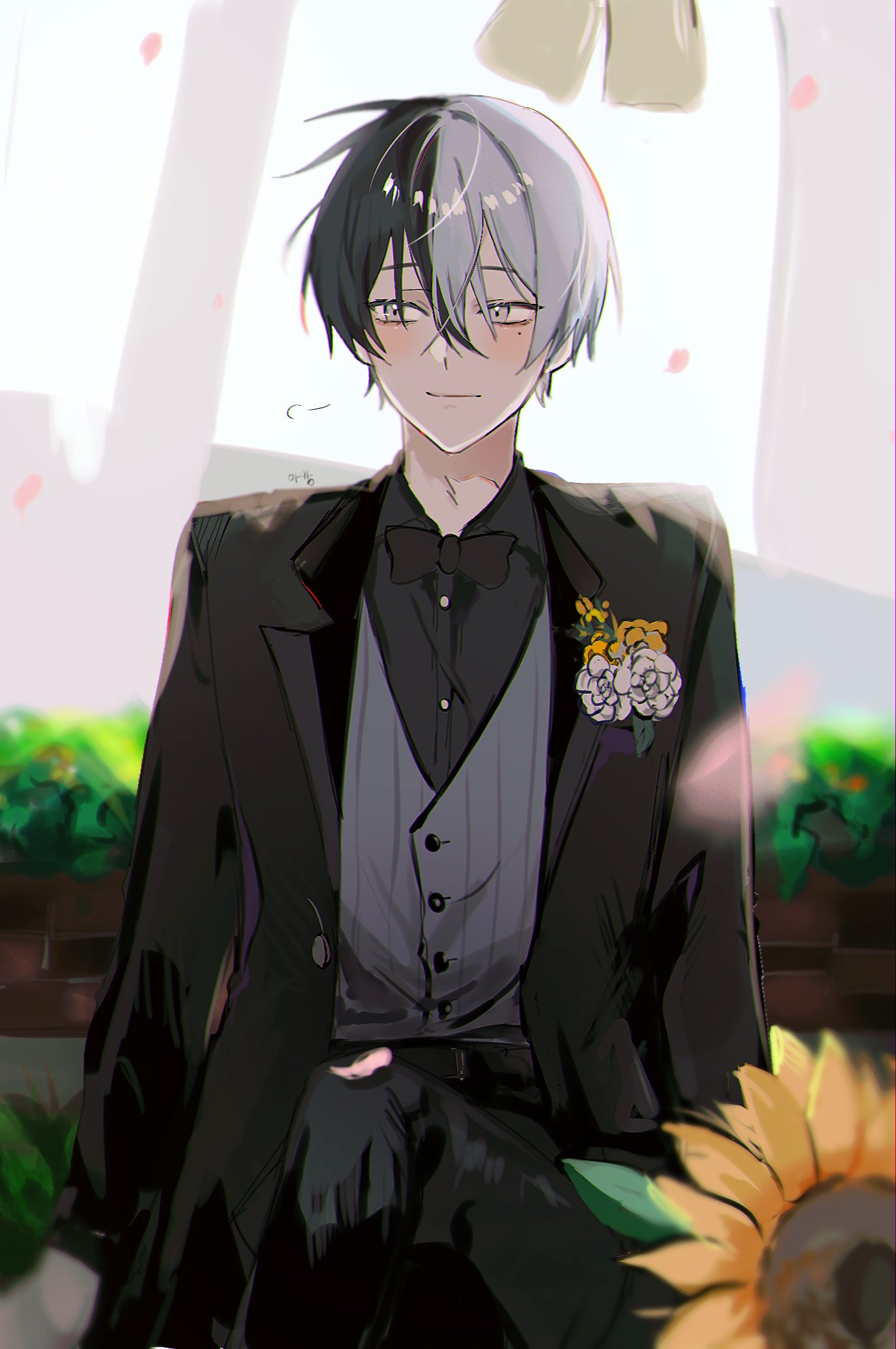 1boy a20190422 aoyagi_touya bangs black_bow black_bowtie black_hair black_suit blurry blurry_background blush bow bowtie depth_of_field falling_petals flower formal grey_eyes grey_hair hair_between_eyes highres leaf looking_to_the_side mole mole_under_eye multicolored_hair petals plant project_sekai short_hair smile solo suit sunflower two-tone_hair white_flower yellow_flower