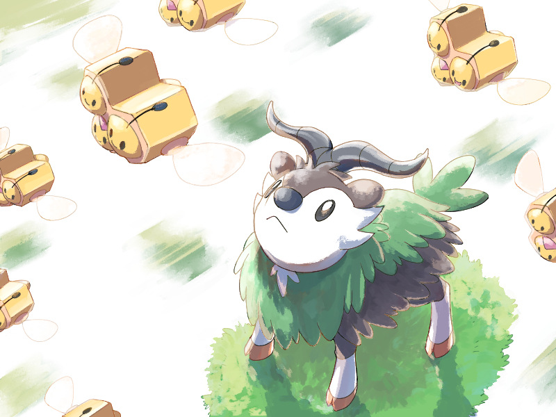 :&lt; animal_focus black_eyes bright_pupils closed_mouth combee commentary_request flying grass looking_up mukiguri no_humans pokemon pokemon_(creature) skiddo standing white_pupils