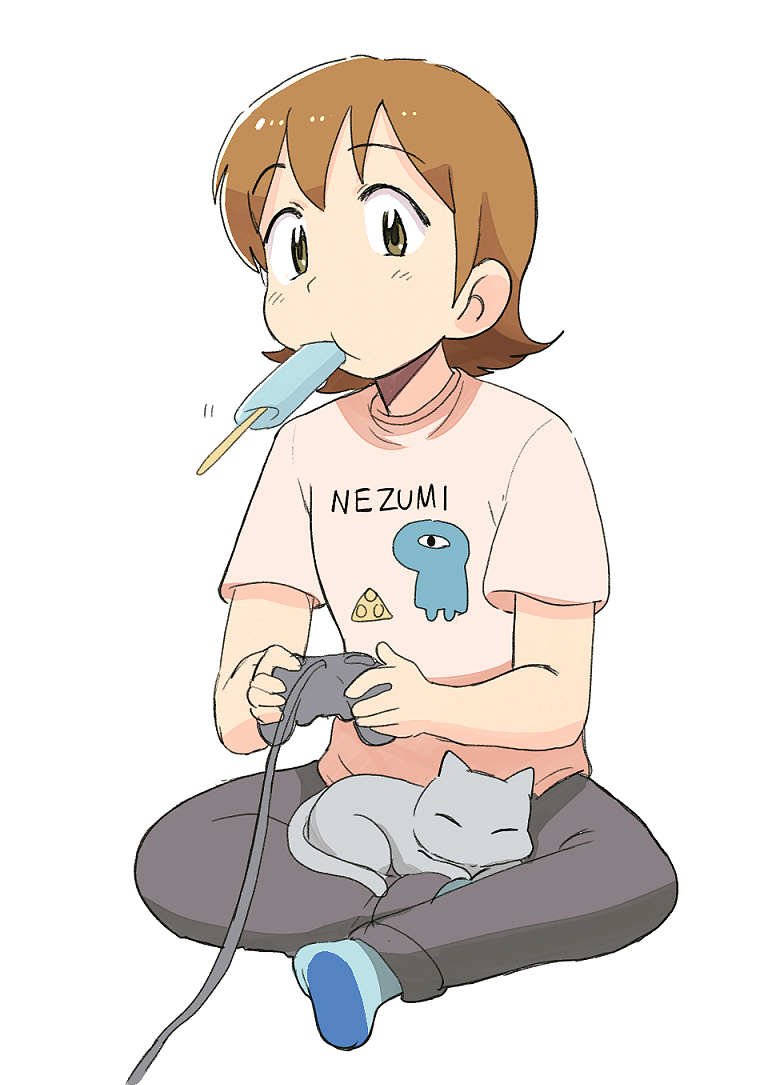 1girl aioi_yuuko blush brown_eyes brown_hair cat closed_mouth controller food full_body game_controller holding holding_controller looking_at_viewer nichijou pants popsicle popsicle_in_mouth shirt short_hair short_sleeves simple_background sitting solo sweatpants t-shirt tsubobot white_background