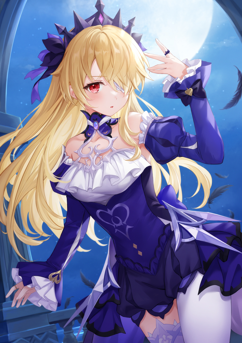 1girl arch bare_shoulders blonde_hair blush choker commentary_request dress eyepatch falling_feathers fischl_(ein_immernachtstraum)_(genshin_impact) fischl_(genshin_impact) frilled_sleeves frills gem genshin_impact hair_over_one_eye hair_ribbon hand_up higeneko highres jewelry juliet_sleeves long_hair long_sleeves looking_at_viewer moon night night_sky official_alternate_costume parted_lips puffy_long_sleeves puffy_sleeves purple_choker purple_dress purple_gemstone red_eyes ribbon ring single_leg_pantyhose single_thighhigh sky sleeves_past_wrists solo thigh-highs tiara