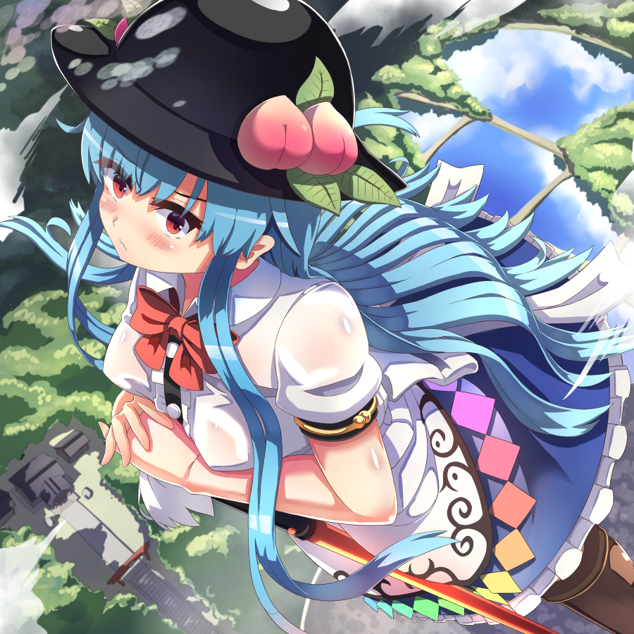 1girl bangs black_headwear blue_hair blush brown_footwear closed_mouth food frilled_skirt frills fruit hat hinanawi_tenshi holding holding_sword holding_weapon houshiruri leaf long_hair looking_at_viewer outdoors peach rainbow_gradient red_eyes shirt short_sleeves shrine skirt solo sword sword_of_hisou torii touhou weapon white_shirt
