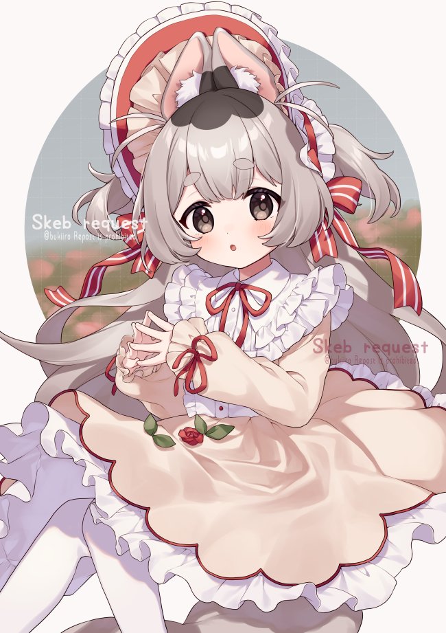 1girl :o animal_ear_fluff animal_ears blush bonnet bow brown_background brown_dress brown_eyes commentary commission dress english_text feet_out_of_frame frilled_dress frills grey_hair knees_together_feet_apart long_hair long_sleeves looking_at_viewer neck_ribbon original pantyhose parted_lips puffy_long_sleeves puffy_sleeves red_bow red_headwear red_ribbon ribbon short_eyebrows sitting skeb_commission sleeves_past_wrists solo striped striped_bow thick_eyebrows twitter_username two_side_up very_long_hair watermark yamabukiiro