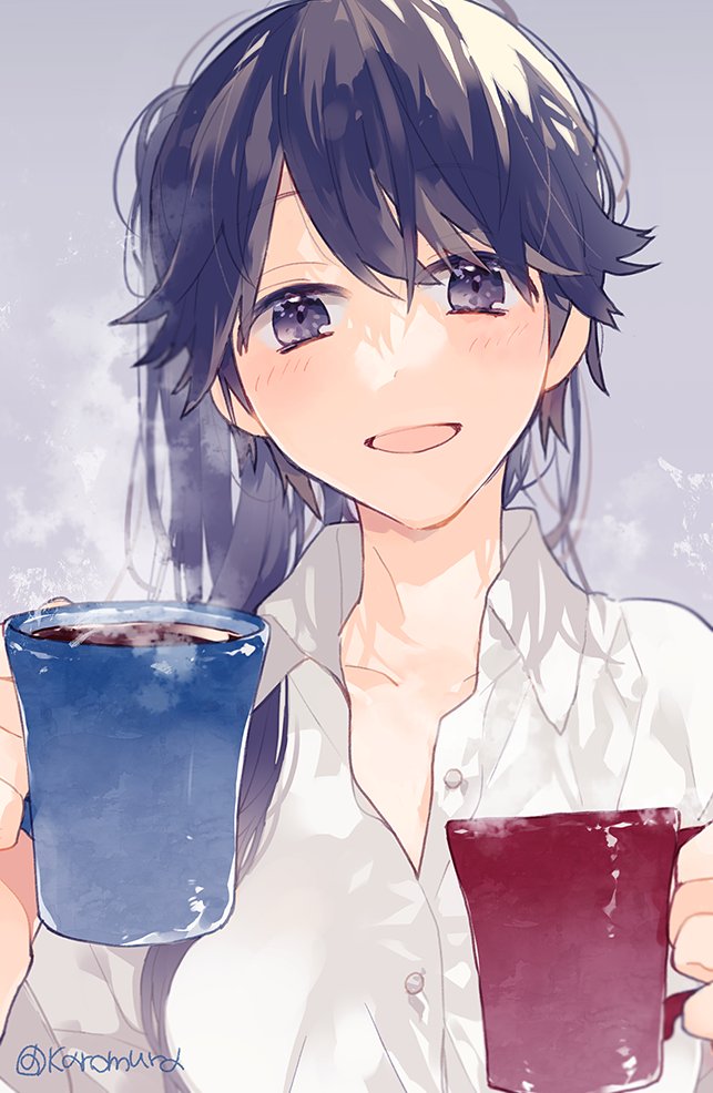 1girl alternate_costume black_eyes black_hair coffee commentary_request commission cup dress_shirt grey_background houshou_(kancolle) kantai_collection karomura long_hair looking_at_viewer messy_hair mug ponytail shirt simple_background skeb_commission solo twitter_username upper_body white_shirt