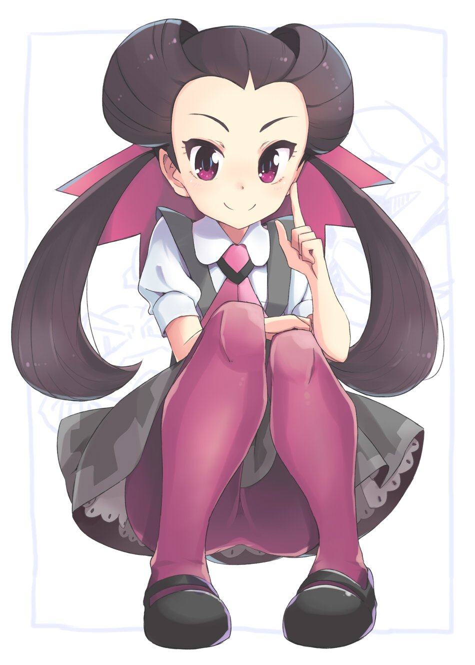 1girl bow brown_hair closed_mouth dress forehead full_body grey_dress hair_bow hair_pulled_back hair_ribbon highres long_hair looking_at_viewer necktie pantyhose pink_pantyhose pokemon pokemon_(game) pokemon_oras red_eyes ribbon roxanne_(pokemon) smile solo thigh-highs twintails ueshita very_long_hair