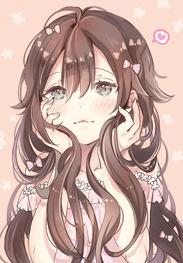 1girl bangs blush bow brown_hair character_request collarbone commentary_request copyright_request dress grey_eyes hair_between_eyes hair_bow hand_in_own_hair hands_on_own_cheeks hands_on_own_face hands_up heart long_hair looking_at_viewer parted_lips pink_bow pink_dress sakuragi_kei simple_background solo speech_bubble spoken_heart striped striped_bow tan_background