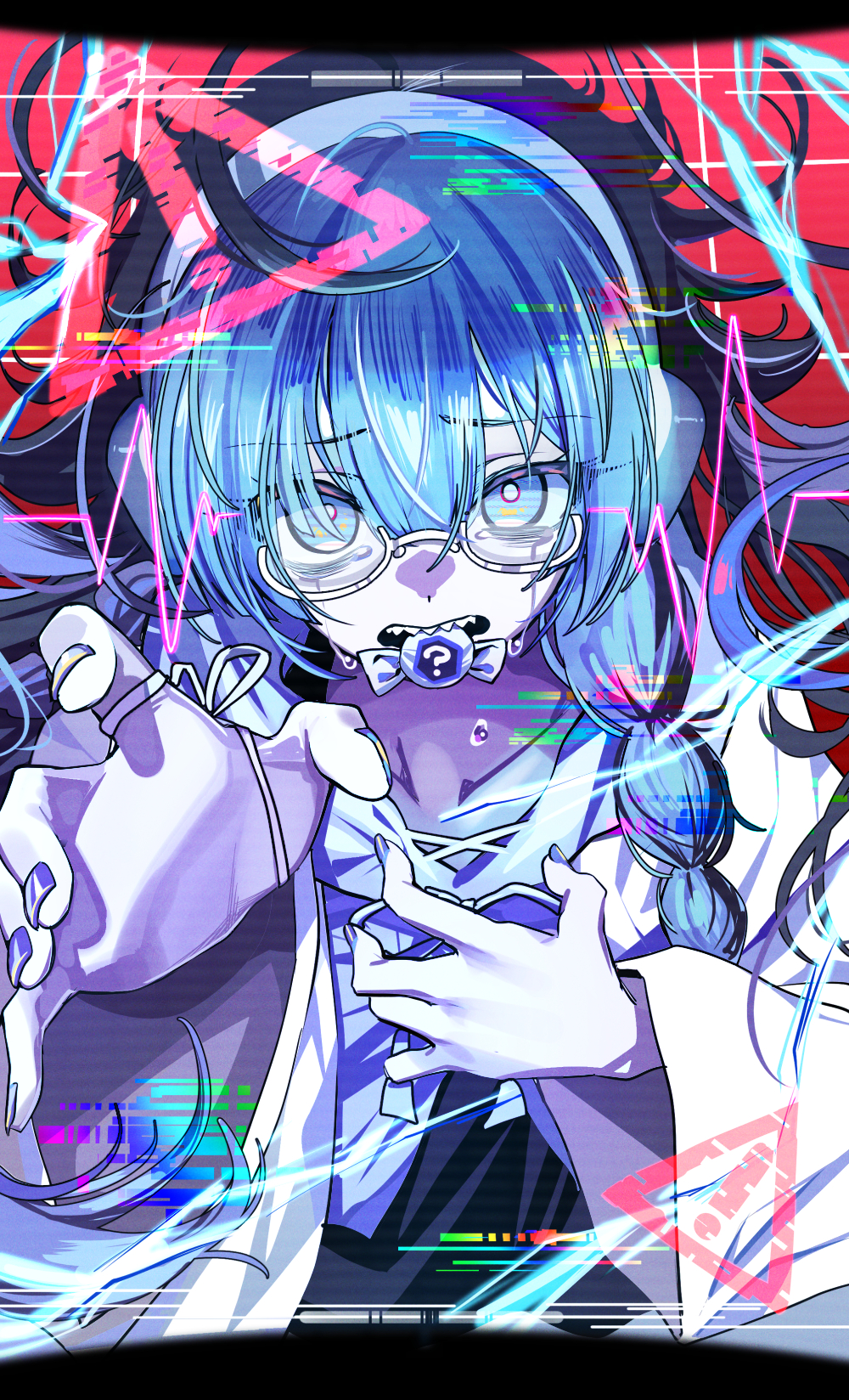 ! ado_(singer) blue_eyes blue_hair blue_ribbon blue_shirt braid candy collarbone deadnooodles food hand_on_own_chest headphones highres kokoro_to_iu_na_no_fukakai labcoat long_hair looking_at_viewer open_hand red_background ribbon sailor_collar shirt twin_braids