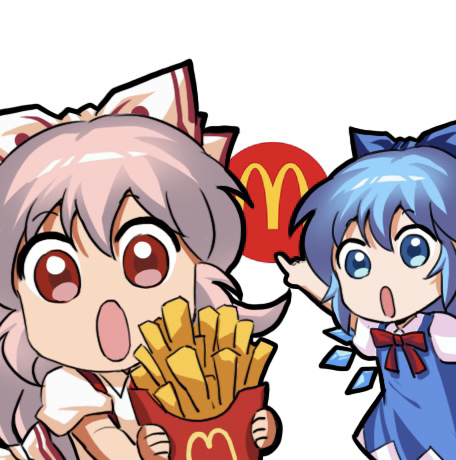 2girls :o bangs blue_bow blue_dress blue_eyes blue_hair bow cirno collared_shirt detached_wings dress fairy flat_chest food french_fries fujiwara_no_mokou hair_between_eyes hair_bow hime_cut holding ice ice_wings jokanhiyou long_dress long_hair lowres mcdonald's meme multiple_girls neck_ribbon open_mouth pinafore_dress pointing puffy_short_sleeves puffy_sleeves red_eyes red_ribbon ribbon shirt short_hair short_sleeves sidelocks simple_background sleeve_garter sleeves_rolled_up suspenders touhou two_soyjaks_pointing_(meme) very_long_hair white_background white_bow white_hair white_shirt wings