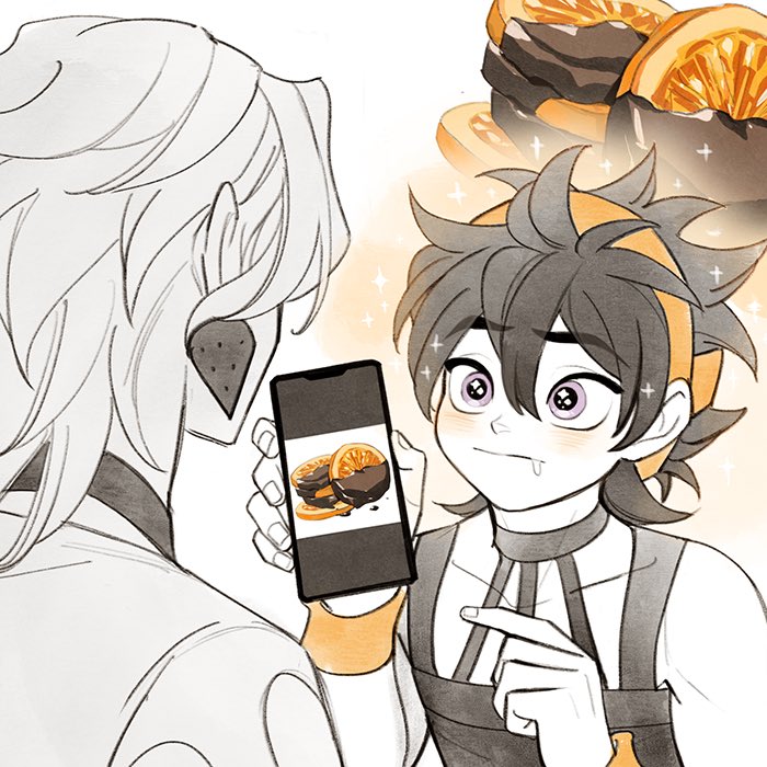 2boys bangs black_hair blush chocolate choker clothing_cutout drooling earrings food food-themed_earrings fruit ginmu headband holding holding_phone hungry jewelry jojo_no_kimyou_na_bouken long_hair male_focus multiple_boys narancia_ghirga orange_(fruit) orange_slice orangette pannacotta_fugo phone phone_screen pointing saliva sparkle strawberry_earrings sweatband tank_top vento_aureo violet_eyes wristband