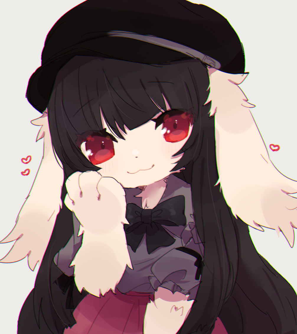 1girl :3 animal_ears animal_hands bangs black_bow black_bowtie black_hair black_headwear blush bow bowtie cabbie_hat chromatic_aberration closed_mouth commentary flat_chest furry furry_female grey_background grey_shirt hand_on_own_cheek hand_on_own_face hand_up happy hat head_tilt heart light_blush long_hair looking_at_viewer original pemi_(spommmm) pleated_skirt puffy_short_sleeves puffy_sleeves rabbit_ears rabbit_girl red_eyes red_skirt shirt shirt_tucked_in short_sleeves sidelocks simple_background skirt smile solo standing symbol-only_commentary upper_body very_long_hair