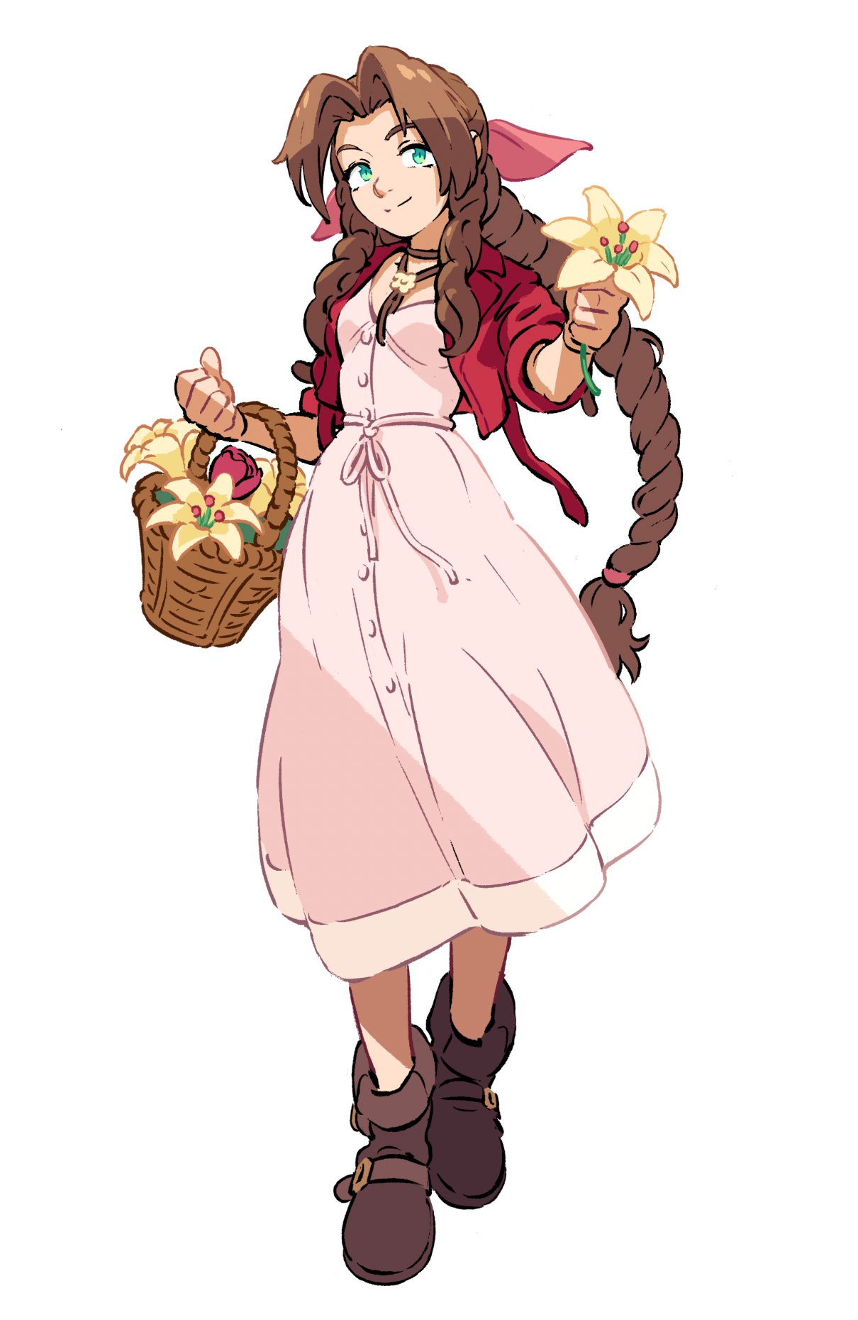 1girl aerith_gainsborough bangs boots braid braided_ponytail breasts brown_footwear brown_hair buttons choker cropped_jacket dress final_fantasy final_fantasy_vii final_fantasy_vii_remake flower flower_basket flower_choker full_body green_eyes hair_ribbon highres holding holding_flower jacket kevin_hong long_dress long_hair looking_at_viewer medium_breasts parted_bangs pink_dress pink_flower pink_ribbon red_jacket ribbon short_sleeves sidelocks smile solo wavy_hair white_background yellow_flower