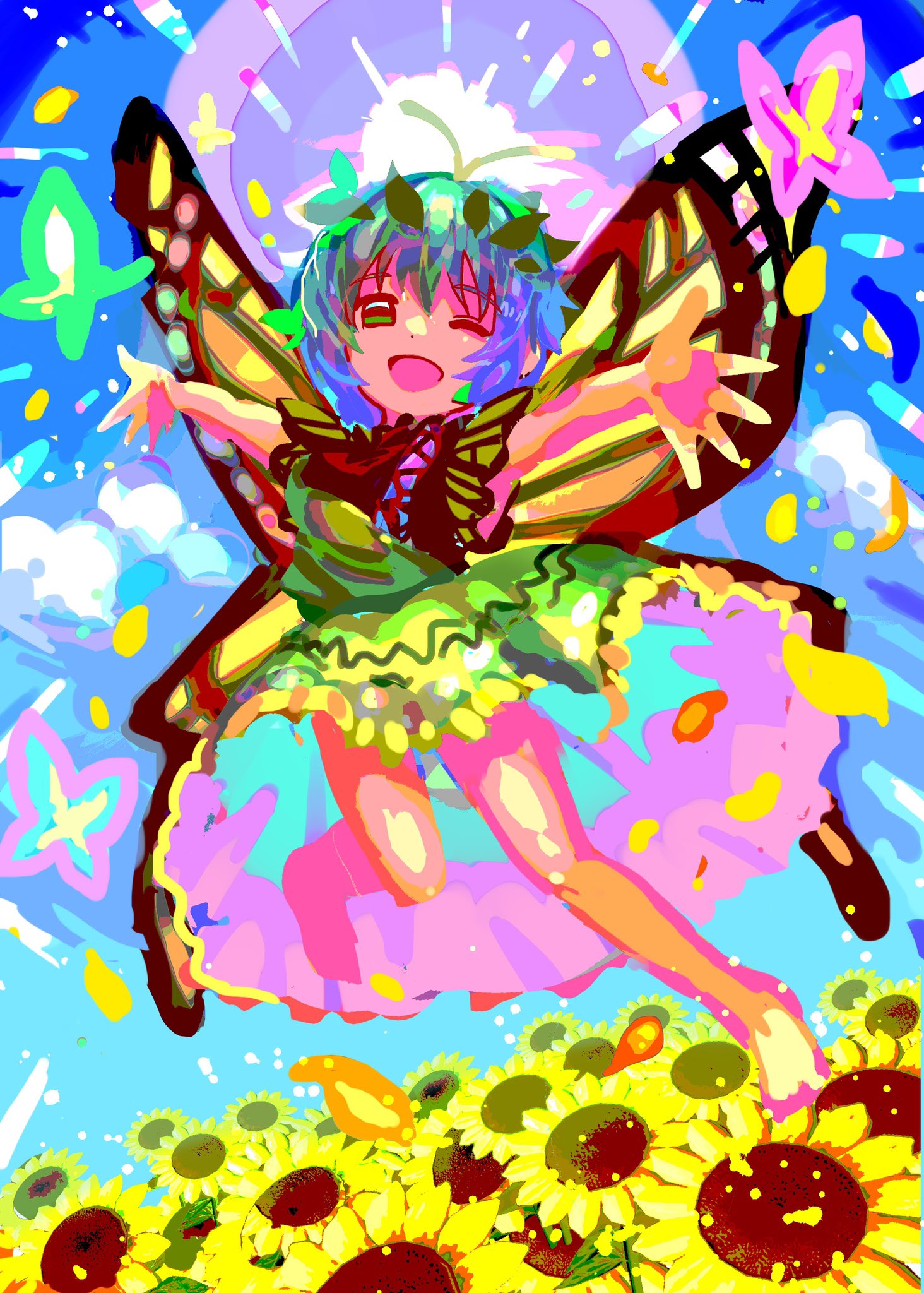 1girl antennae aqua_hair bad_anatomy bad_perspective barefoot butterfly_wings dress eternity_larva fairy flower full_body green_dress green_eyes hair_between_eyes highres kotonoman leaf leaf_on_head multicolored_clothes multicolored_dress one-hour_drawing_challenge one_eye_closed open_mouth outstretched_arms short_hair short_sleeves smile solo spread_arms sunflower touhou wings yellow_flower