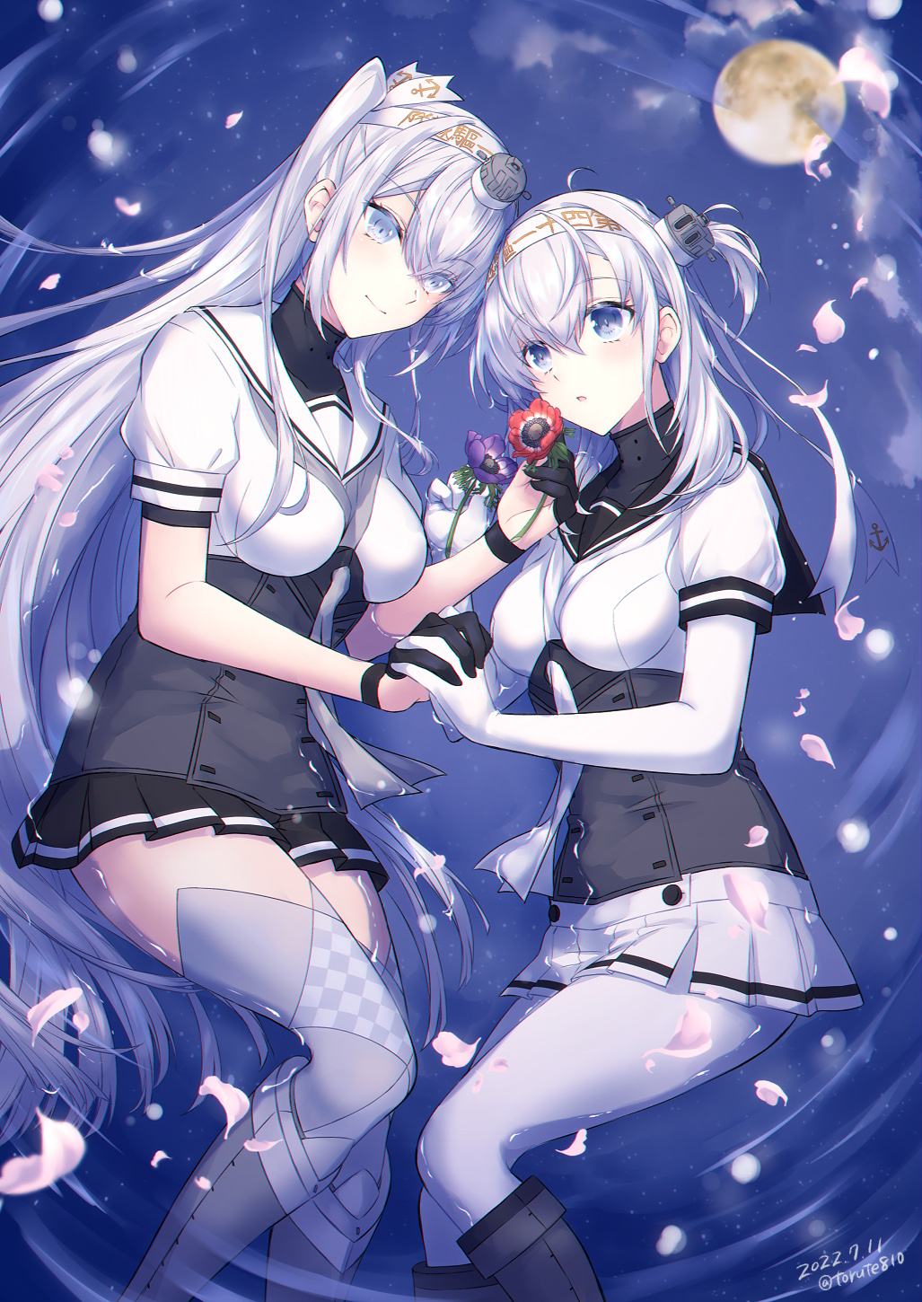 2girls bangs black_gloves black_sailor_collar black_skirt blue_eyes bodysuit boots breasts closed_mouth clothes_writing commentary_request dated eye_contact flower full_moon fuyutsuki_(kancolle) gloves grey_neckerchief grey_thighhighs hachimaki hair_between_eyes headband headgear highres holding holding_flower holding_hands kabocha_torute kantai_collection knee_boots long_hair looking_at_another medium_breasts miniskirt moon multiple_girls neckerchief one_side_up parted_lips partially_fingerless_gloves petals pleated_skirt purple_flower red_flower sailor_collar skirt suzutsuki_(kancolle) thigh-highs twitter_username very_long_hair white_bodysuit white_hair white_neckerchief white_sailor_collar white_skirt yuri
