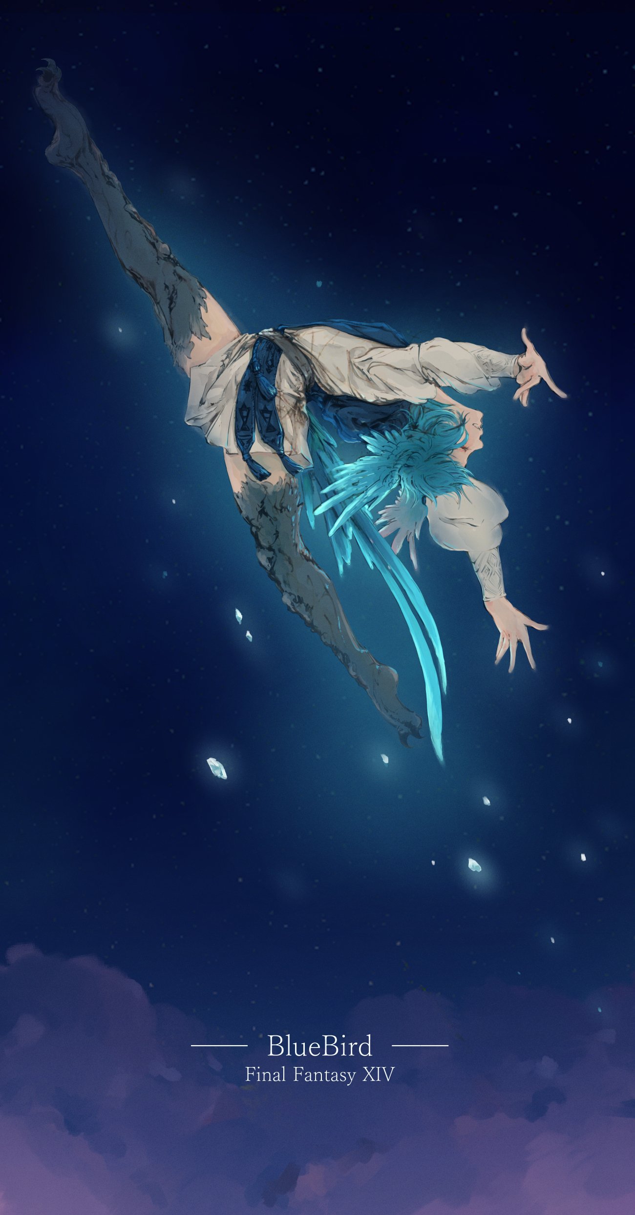 1girl absurdres bird_girl bird_legs bird_tail bird_wings blue_background blue_hair cellbee_ff closed_eyes clouds commentary copyright_name dress english_text feathered_wings final_fantasy final_fantasy_xiv from_side full_body glowing grin gymnastics head_wings highres long_sleeves meteion night night_sky outdoors outstretched_arms profile sash short_hair sky smile solo split star_(sky) starry_sky tail talons white_dress wings